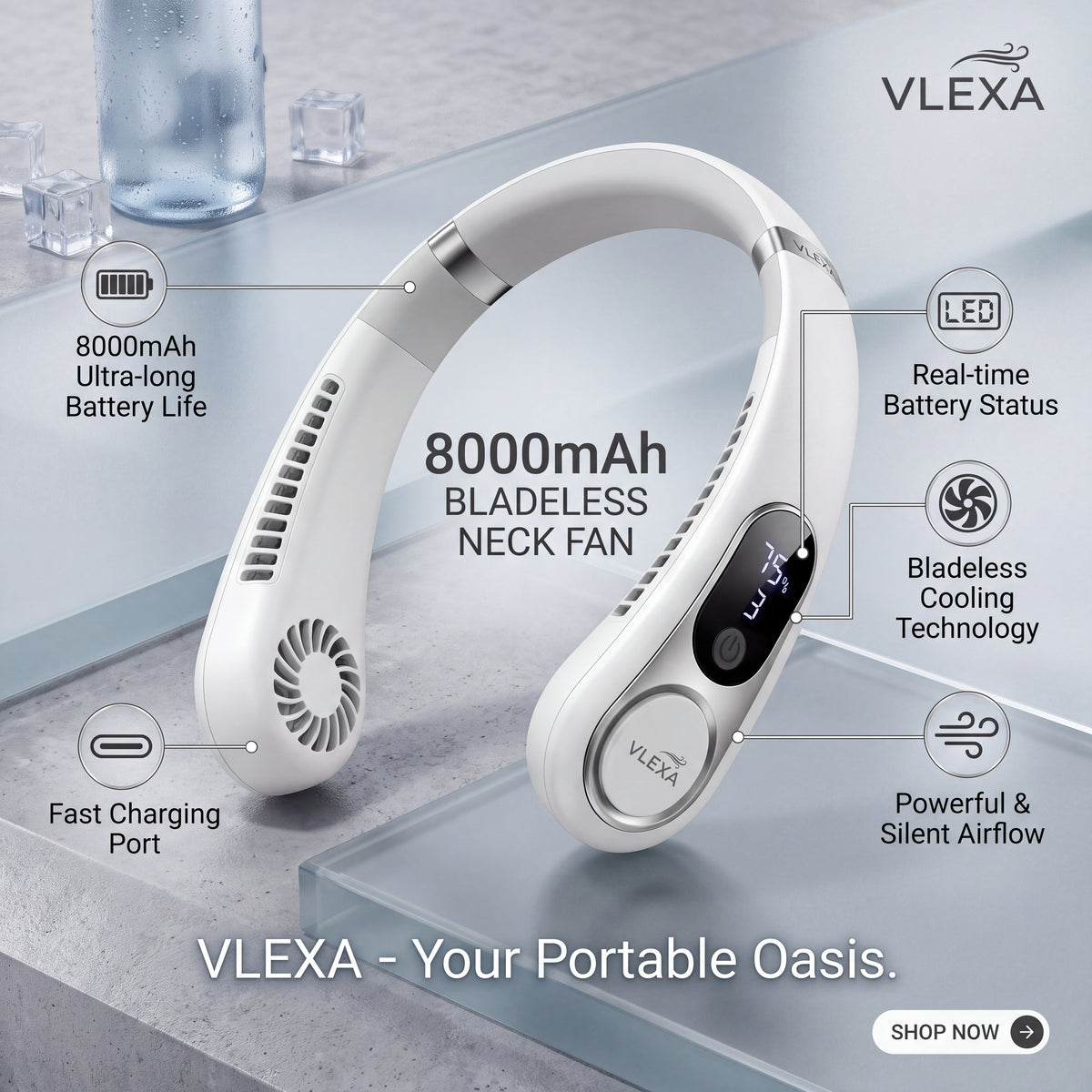 VLEXA 8000mAh Rechargeable Neck fan