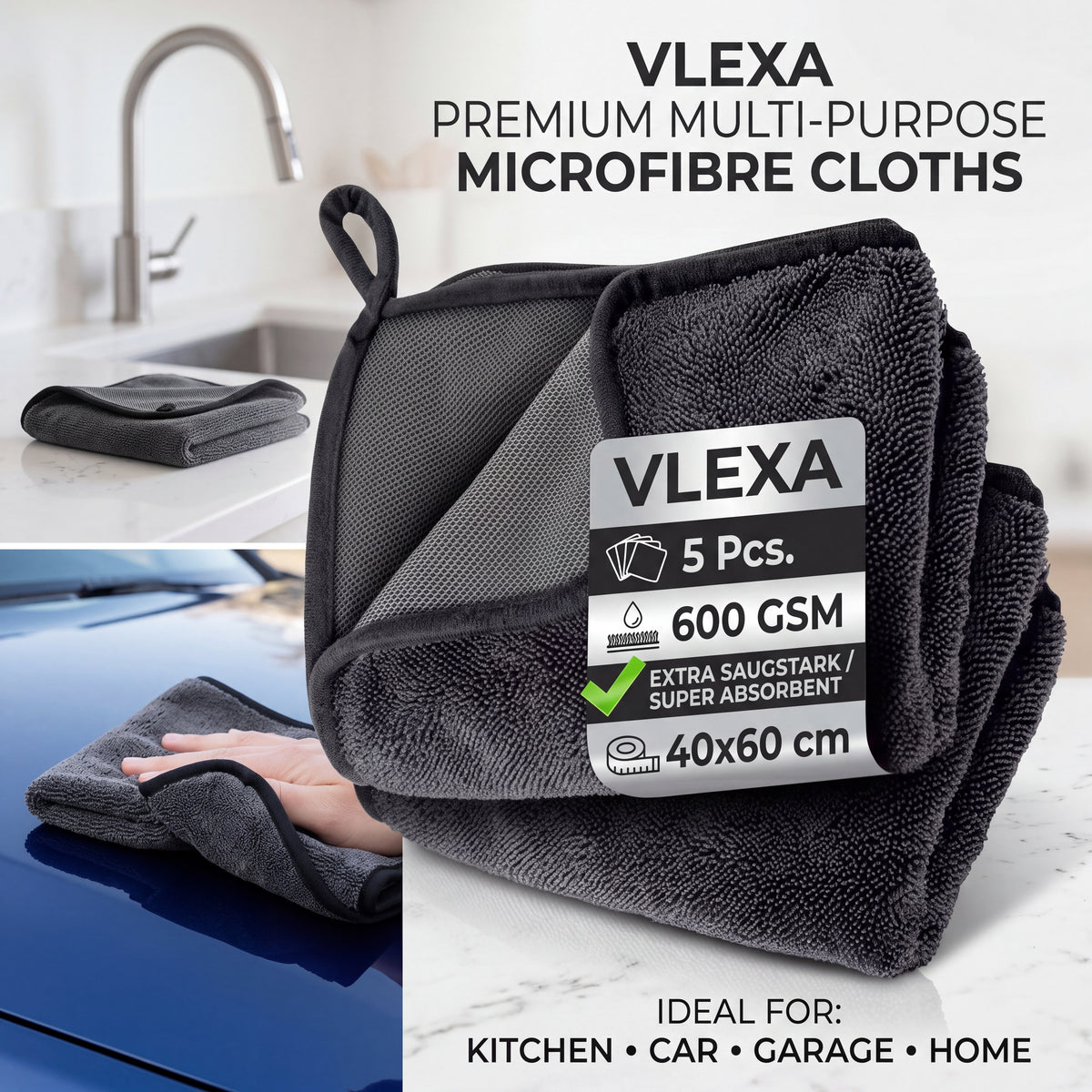 Premium 6GSM microfiber car cleaning cloths- 5pack