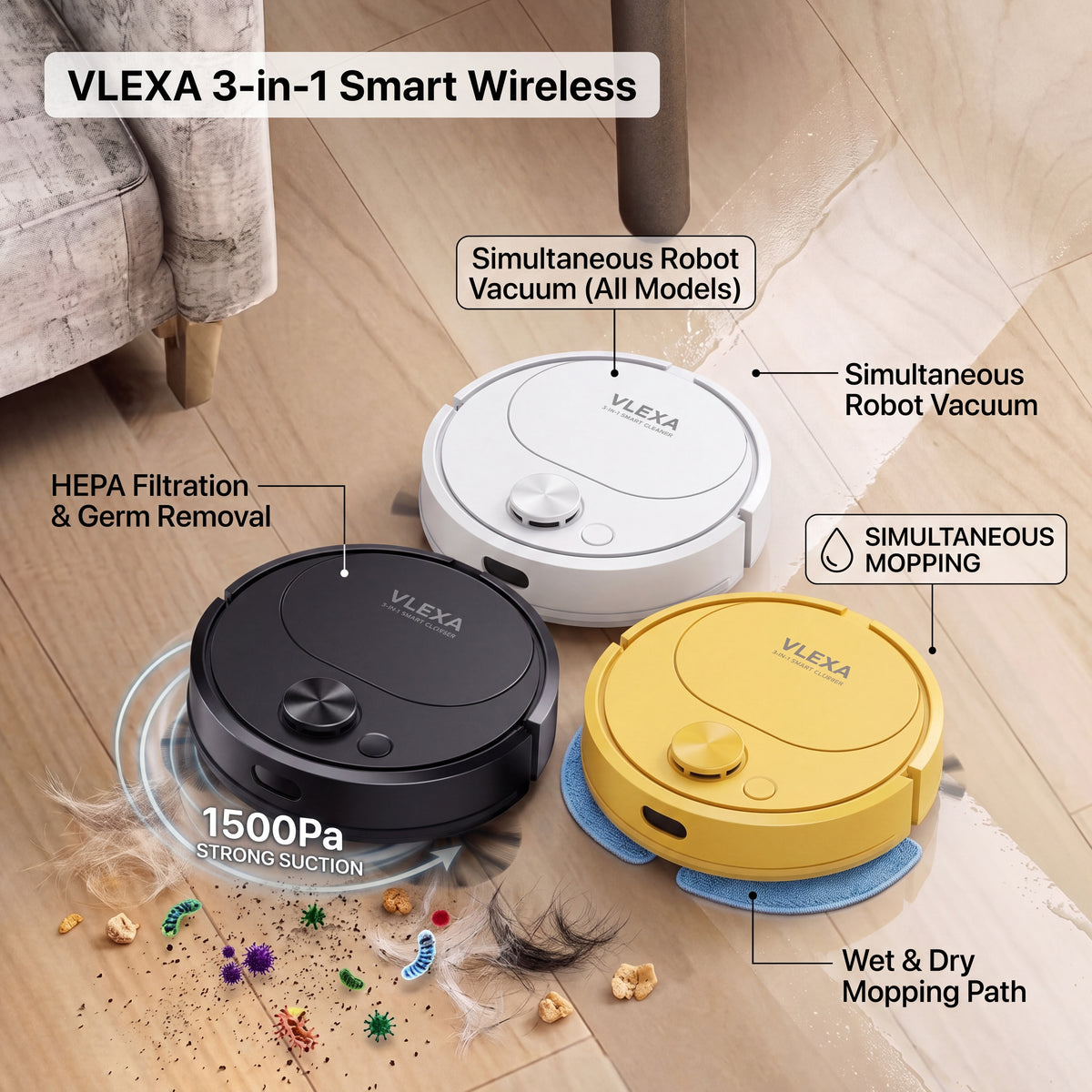Vlexa Sweeping Robot Vacuum Cleaner Mopping 3 In 1 Smart Wireless 1500Pa Dragging Cleaning Sweep Floor for Home Office