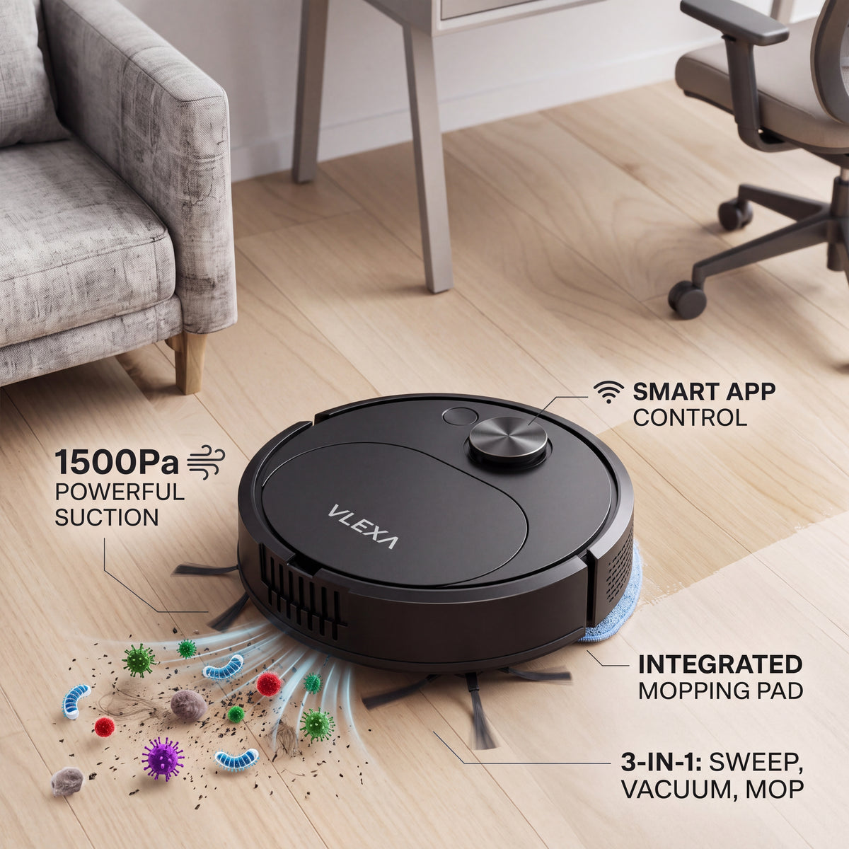 Vlexa Sweeping Robot Vacuum Cleaner Mopping 3 In 1 Smart Wireless 1500Pa Dragging Cleaning Sweep Floor for Home Office