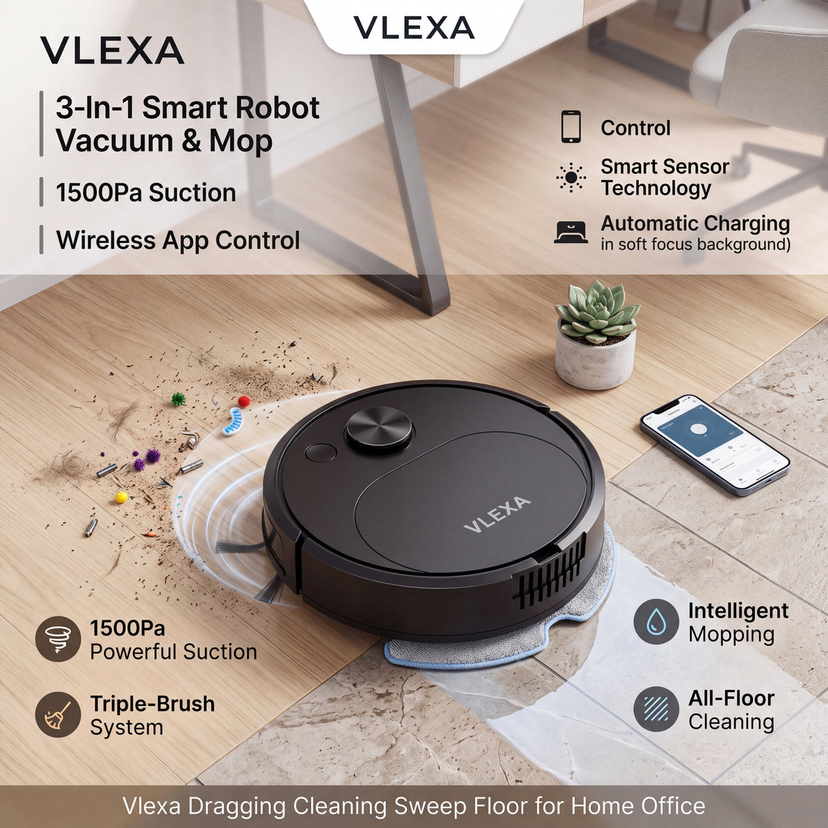 Vlexa Sweeping Robot Vacuum Cleaner Mopping 3 In 1 Smart Wireless 1500Pa Dragging Cleaning Sweep Floor for Home Office